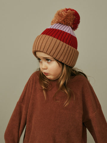 Multicolor Beanie with Pompom, camel-red-lavender